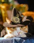 Cat wearing steampunk witch hat with brass gear pendant
