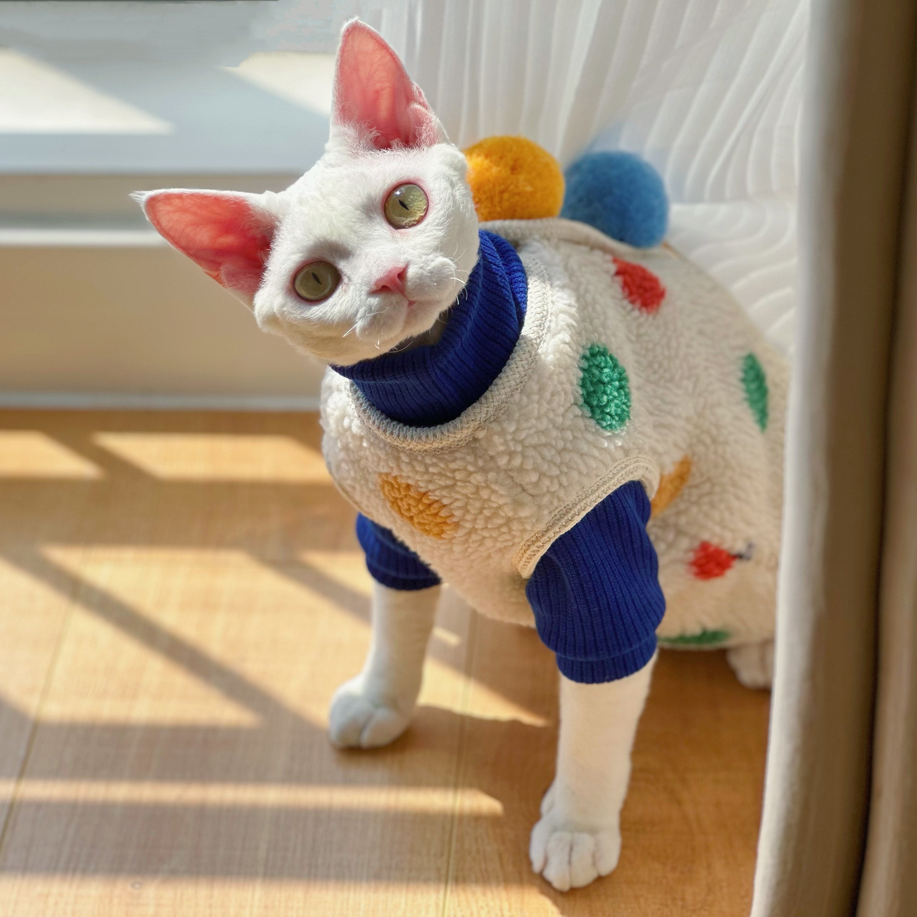 Tri-Pom Pom Fleece Coat SphynxCat DevonRex
