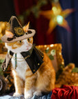 Cat wearing steampunk witch hat with brass gear pendant Halloween outfit