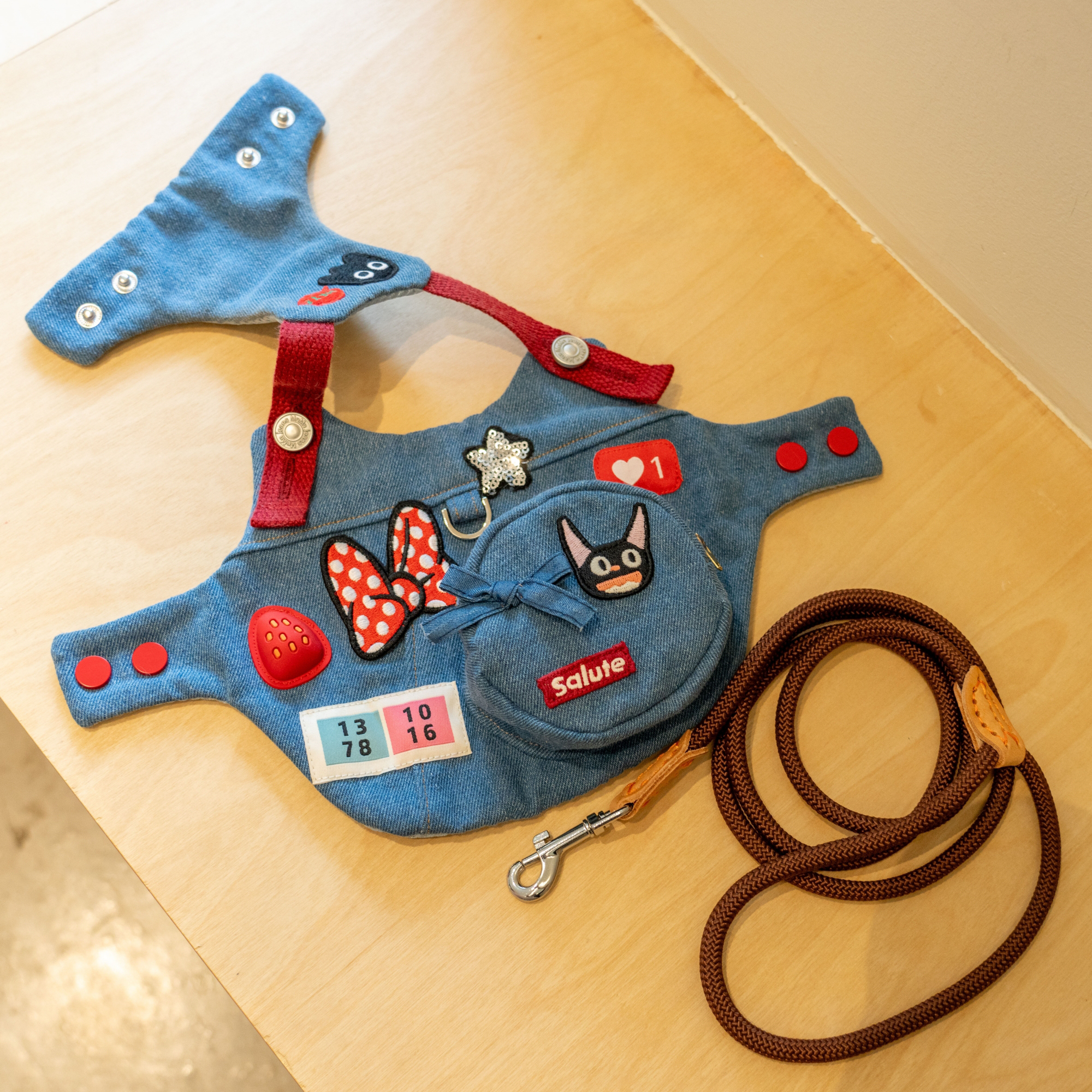 Denim Blue Patches Harness & Leash & Hat Set