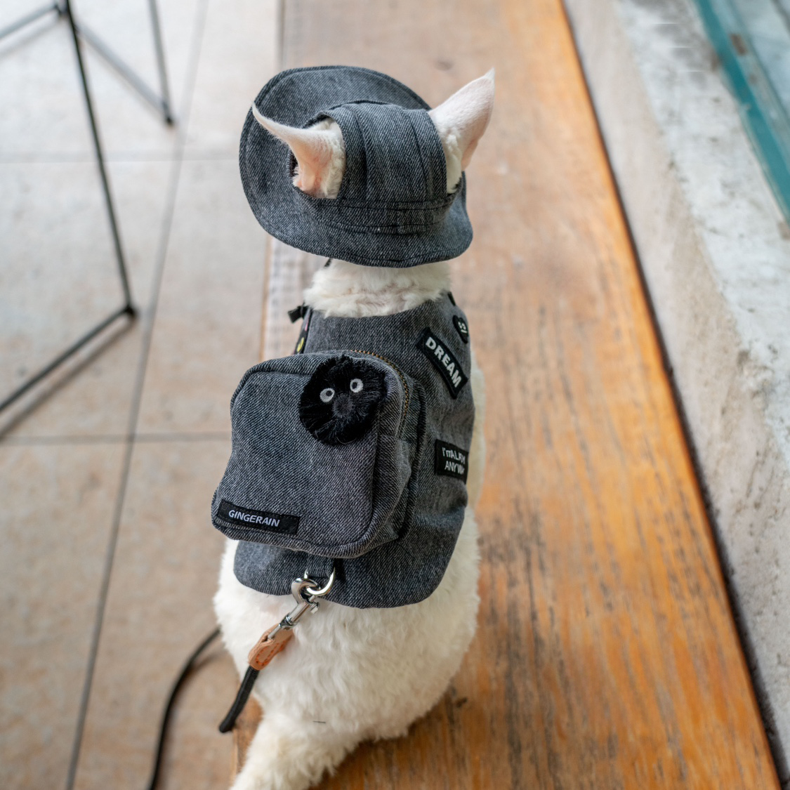Black Denim Backpack Harness & Leash & Hat Set – Soot Sprite Edition