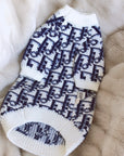 Navy and white patterned mohair sweater for hairless cats, flat lay detail