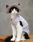 Devon Rex cat wearing pink plaid bucket hat and matching shirt
