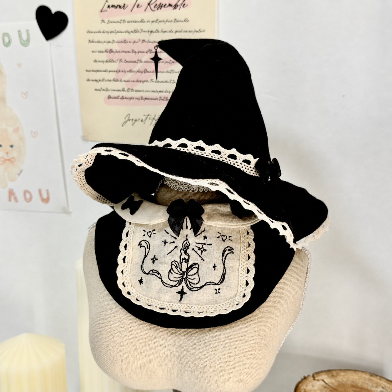 Gothic witch hat costume with matching embroidered bib for cats and dogs