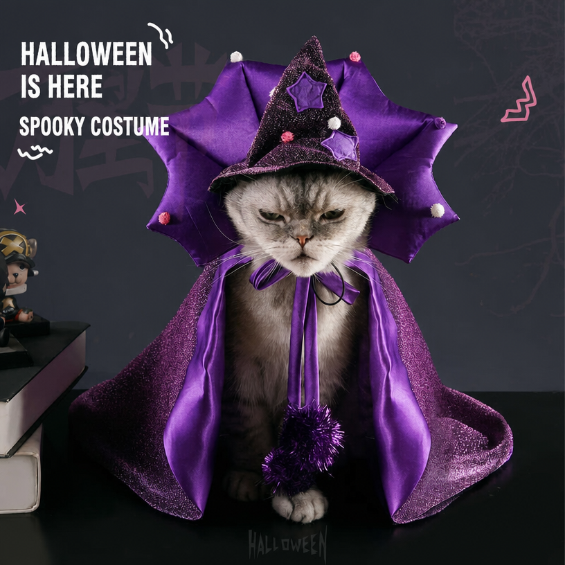 Purple satin wizard hat and cape set on cat, Halloween costume