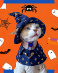 Cat wearing blue gothic mage hat and cape Halloween costume with ear cutout design