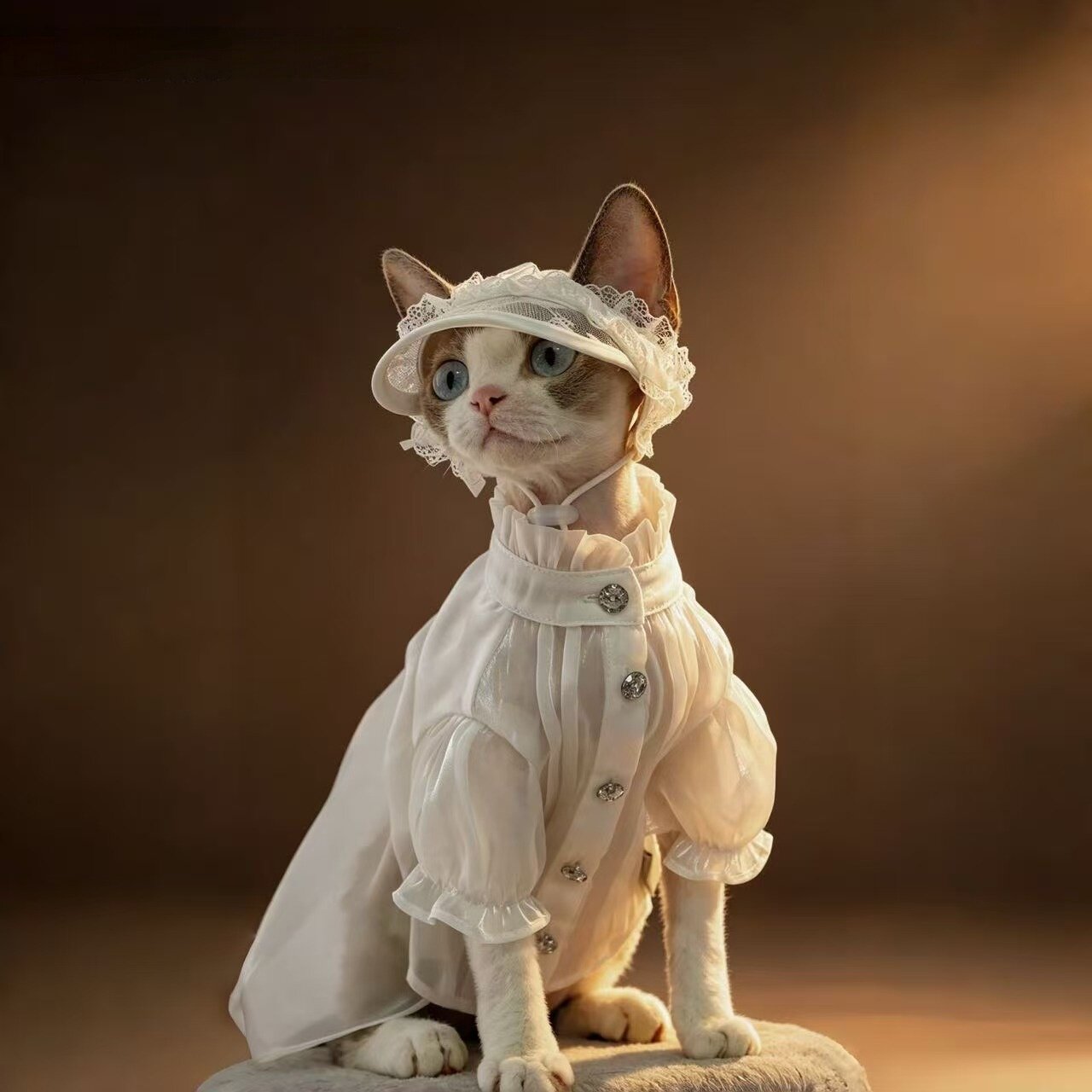 White organza princess dress on hairless cat, spring cat clothing