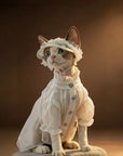 White organza princess dress on hairless cat, spring cat clothing