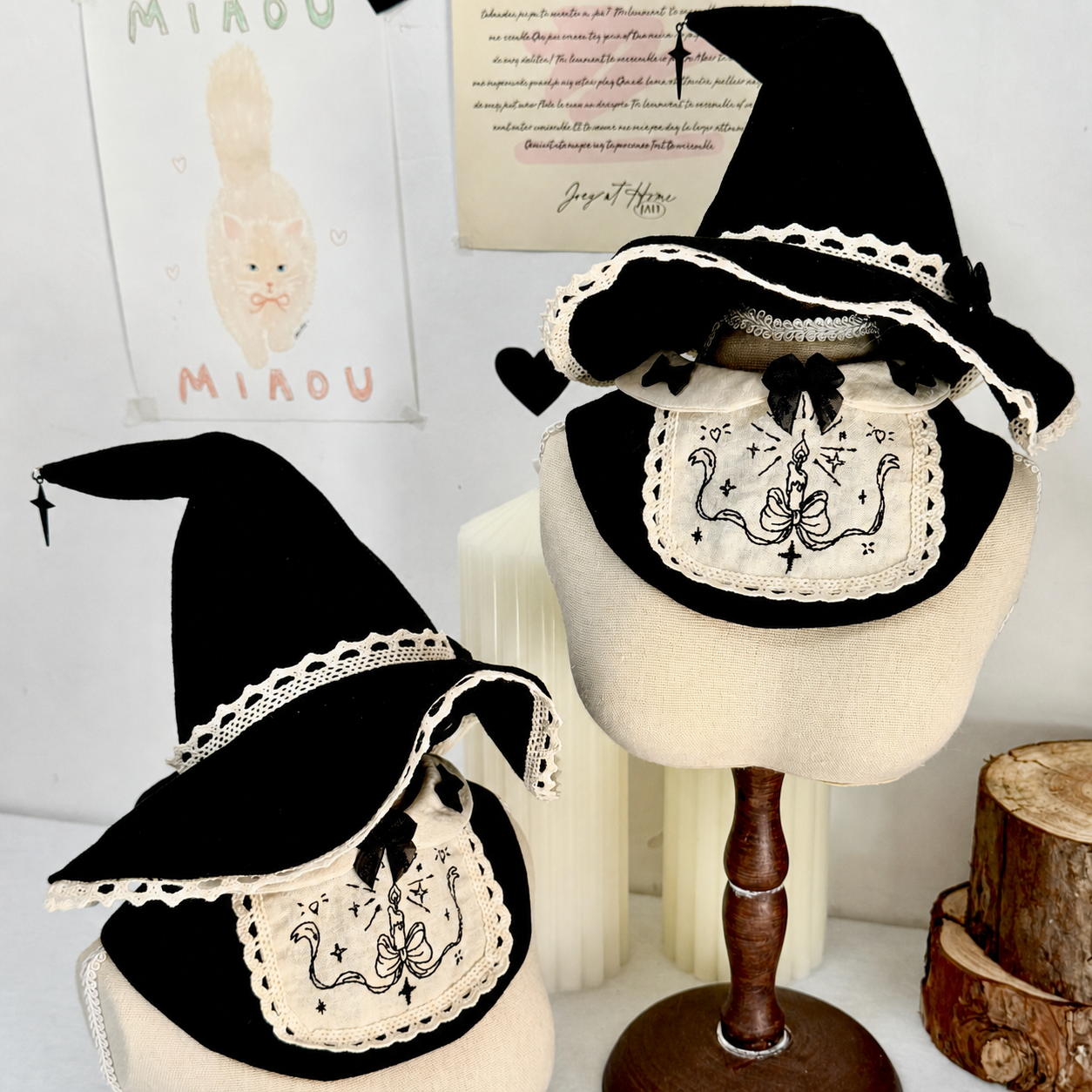 Two Halloween mage costume sets with witch hats and embroidered bibs