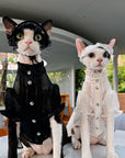 Devon Rex cats wearing white and black lace princess hats