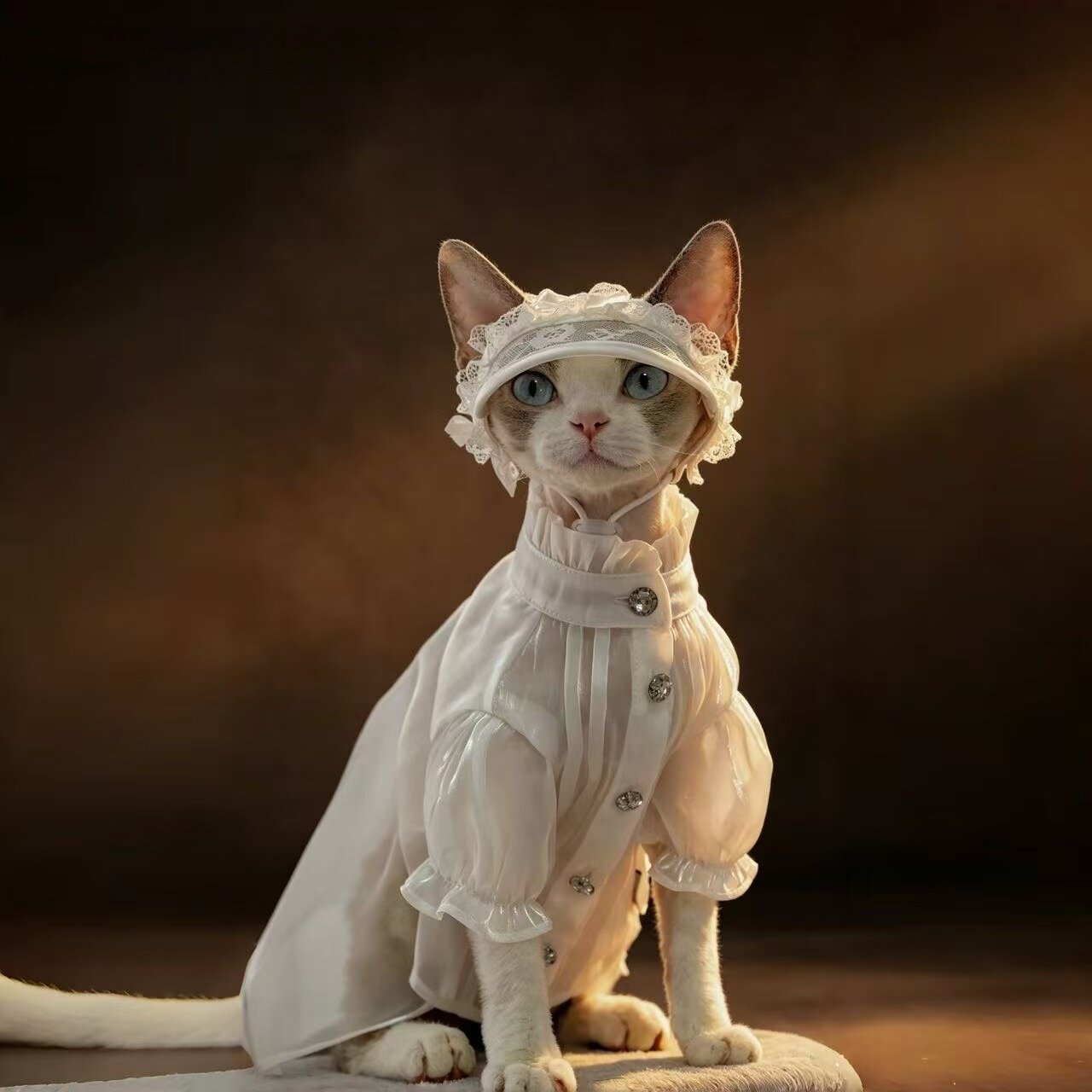 Pink organza princess dress on hairless cat, spring cat clothing
