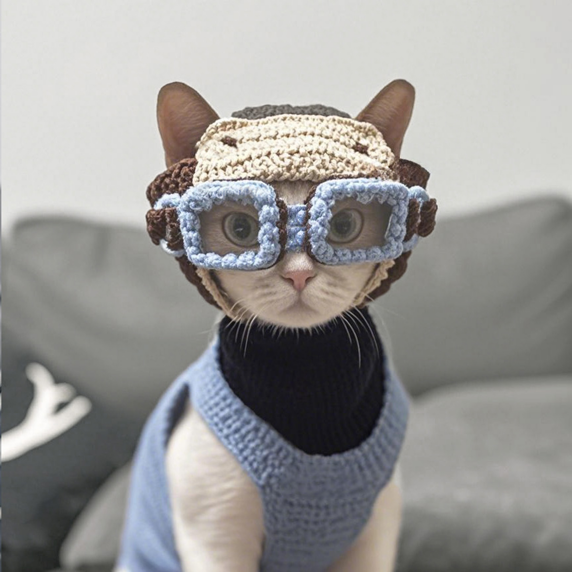 Cat Diving Mask Hat Handmade Ear-Out Design for Cats