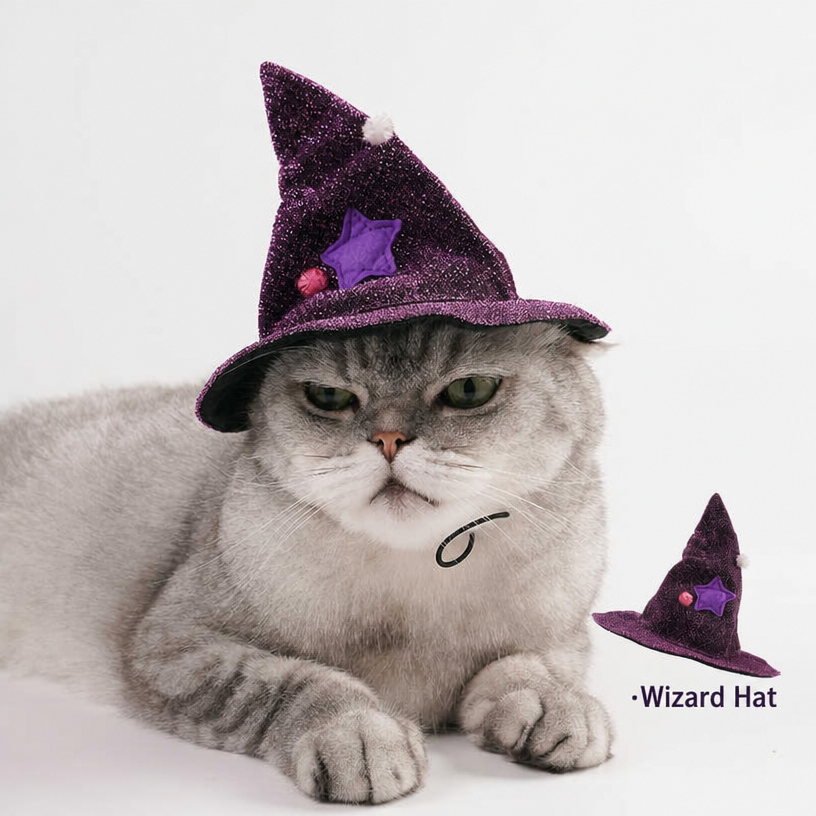 Cat wearing purple wizard hat and cape, Halloween costume