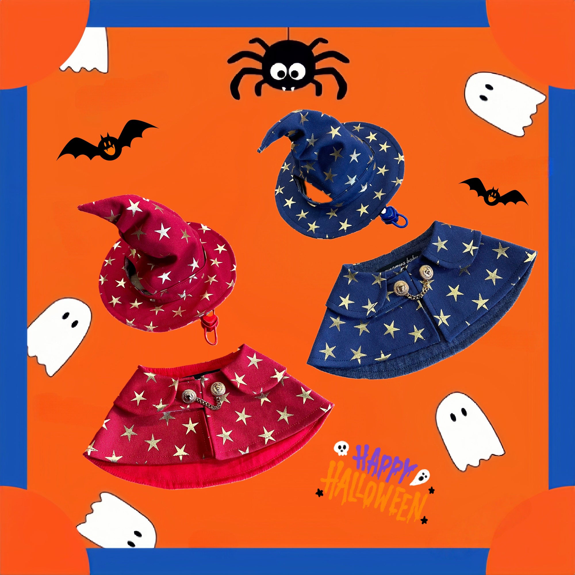 Cats wearing red and blue gothic mage hat and cape Halloween costumes