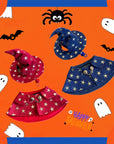 Cats wearing red and blue gothic mage hat and cape Halloween costumes