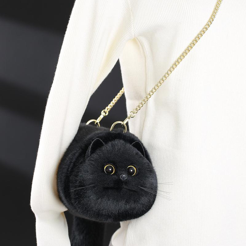 Black Shorthair Cat Bag Plush Shoulder Bag for Daily Use