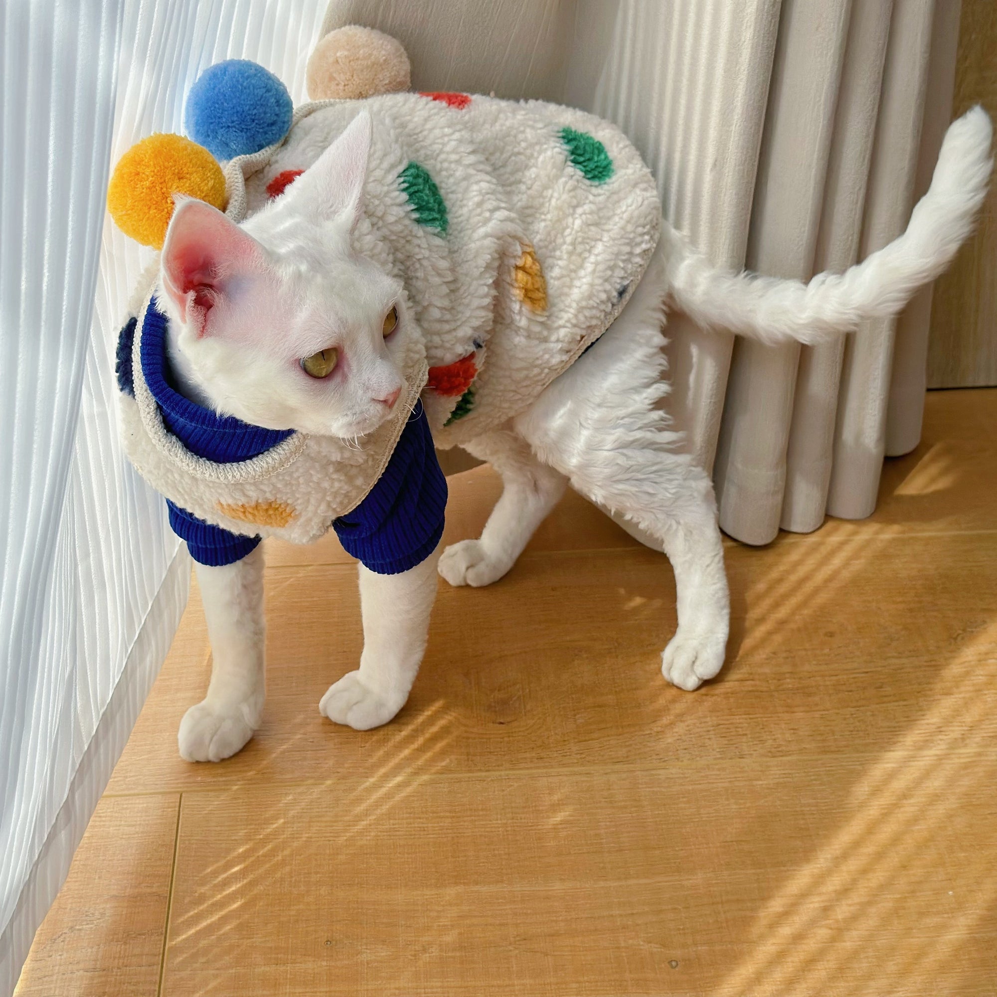 Sphynx Cat Fleece Coat – Tri Pom-Pom Winter Jacket (Devon Rex)
