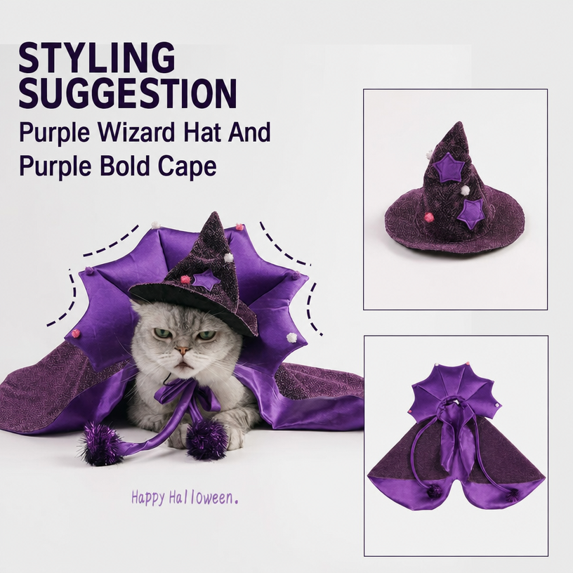 Small dog wearing purple wizard hat and cape, Halloween costume