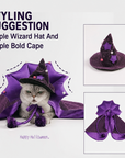 Small dog wearing purple wizard hat and cape, Halloween costume