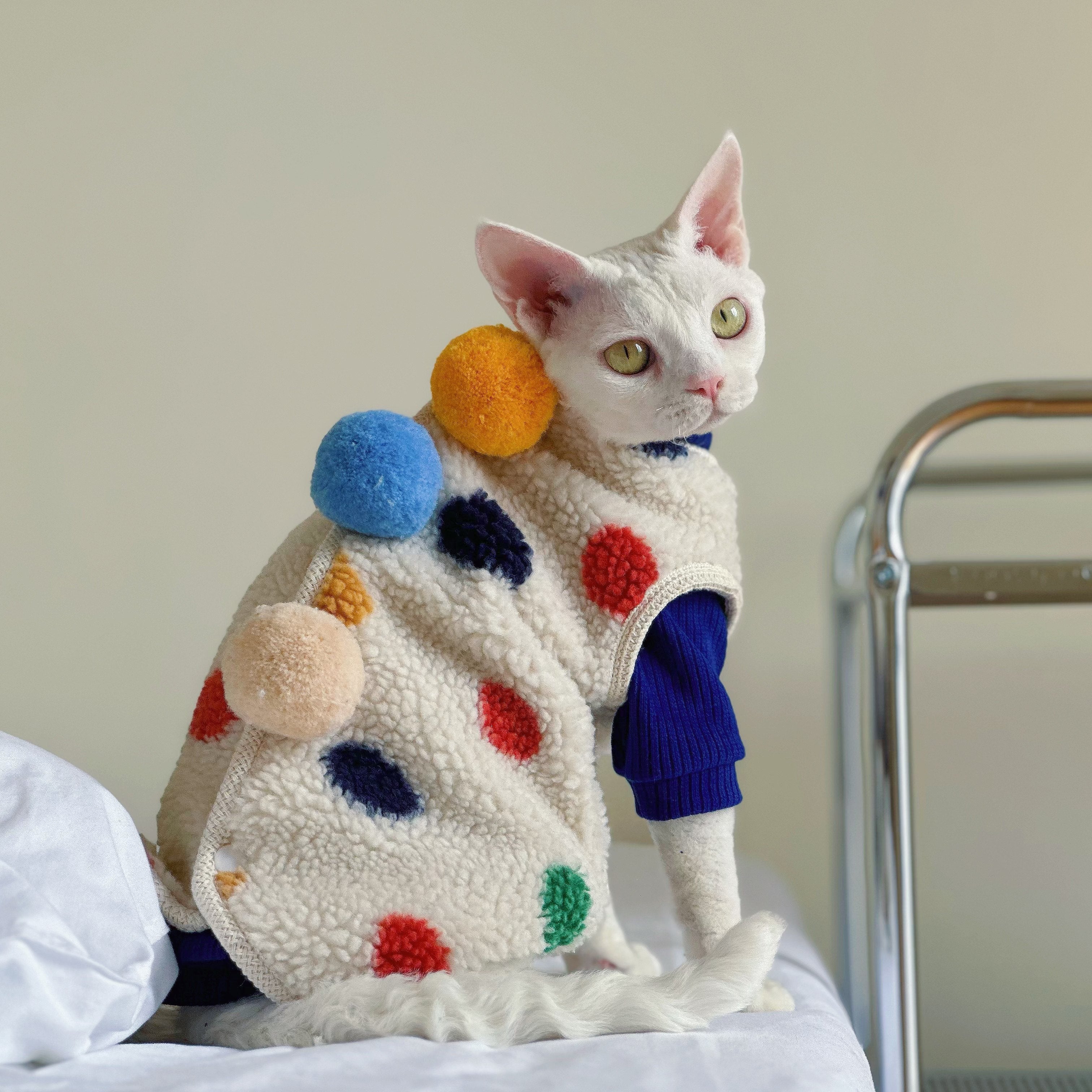 Tri-Pom Pom Fleece Coat SphynxCat DevonRex