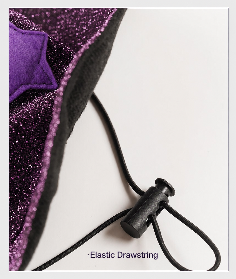 Purple satin wizard hat and cape set, stitching detail