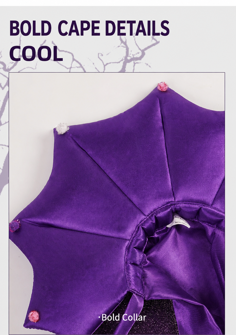 Purple satin wizard hat and cape set, fit detail