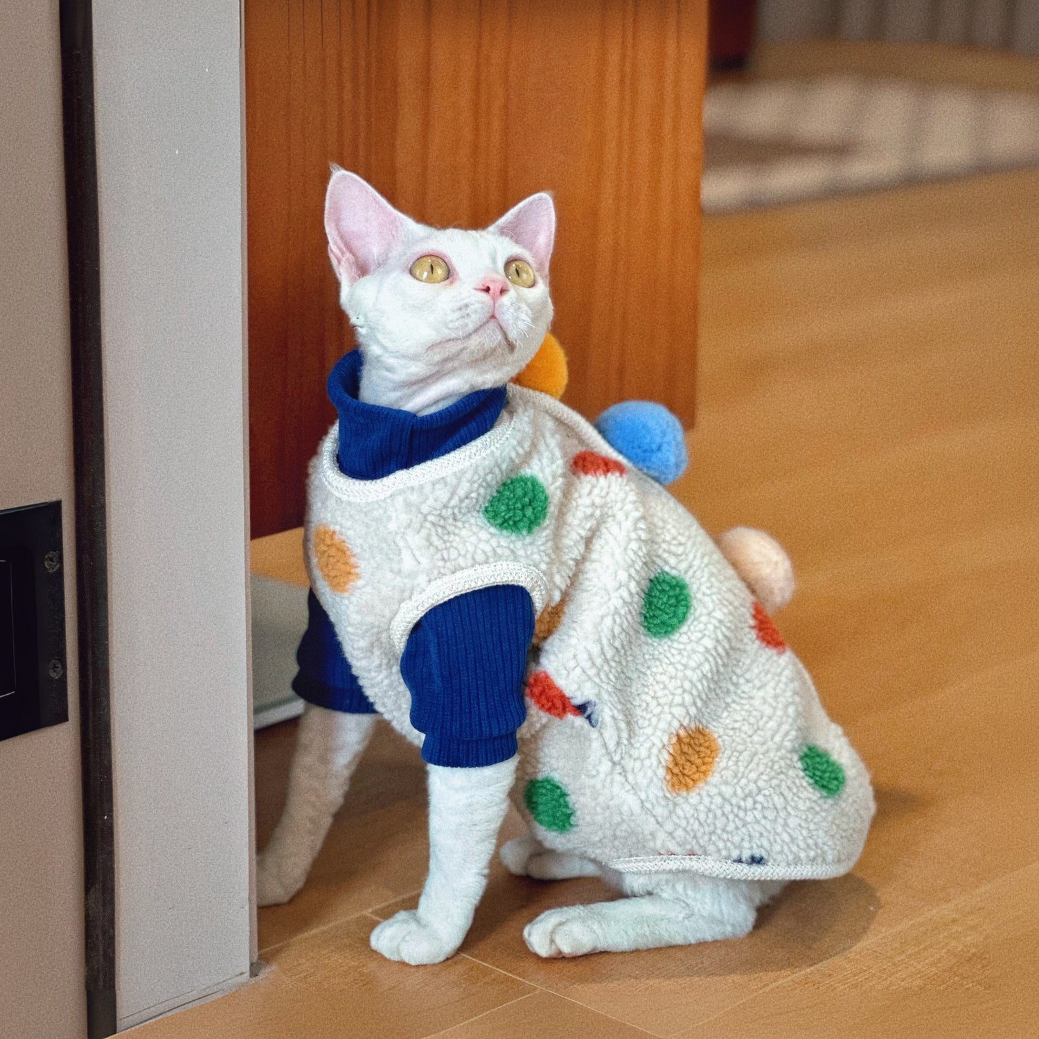 Tri-Pom Pom Fleece Coat SphynxCat DevonRex