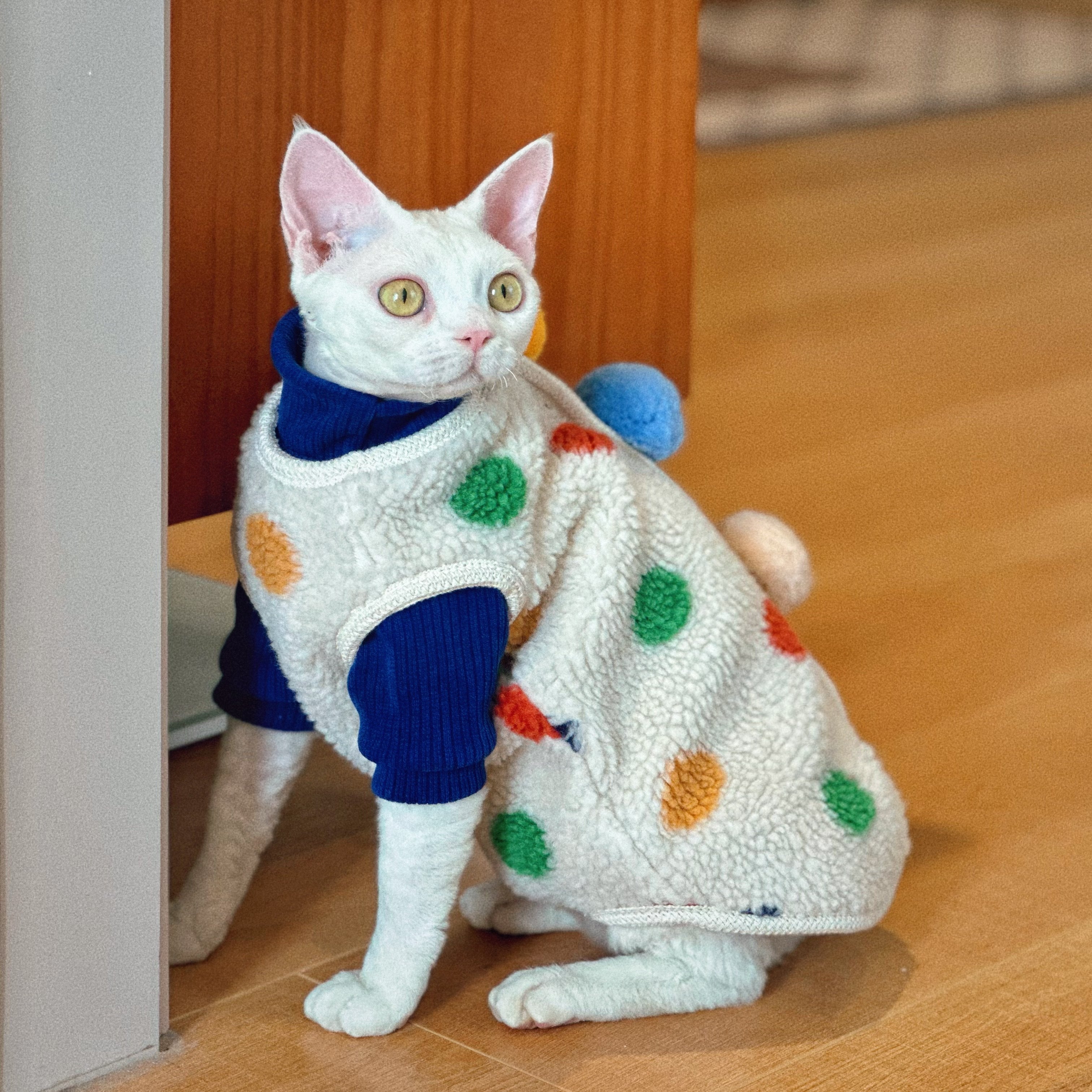 Tri-Pom Pom Fleece Coat SphynxCat DevonRex