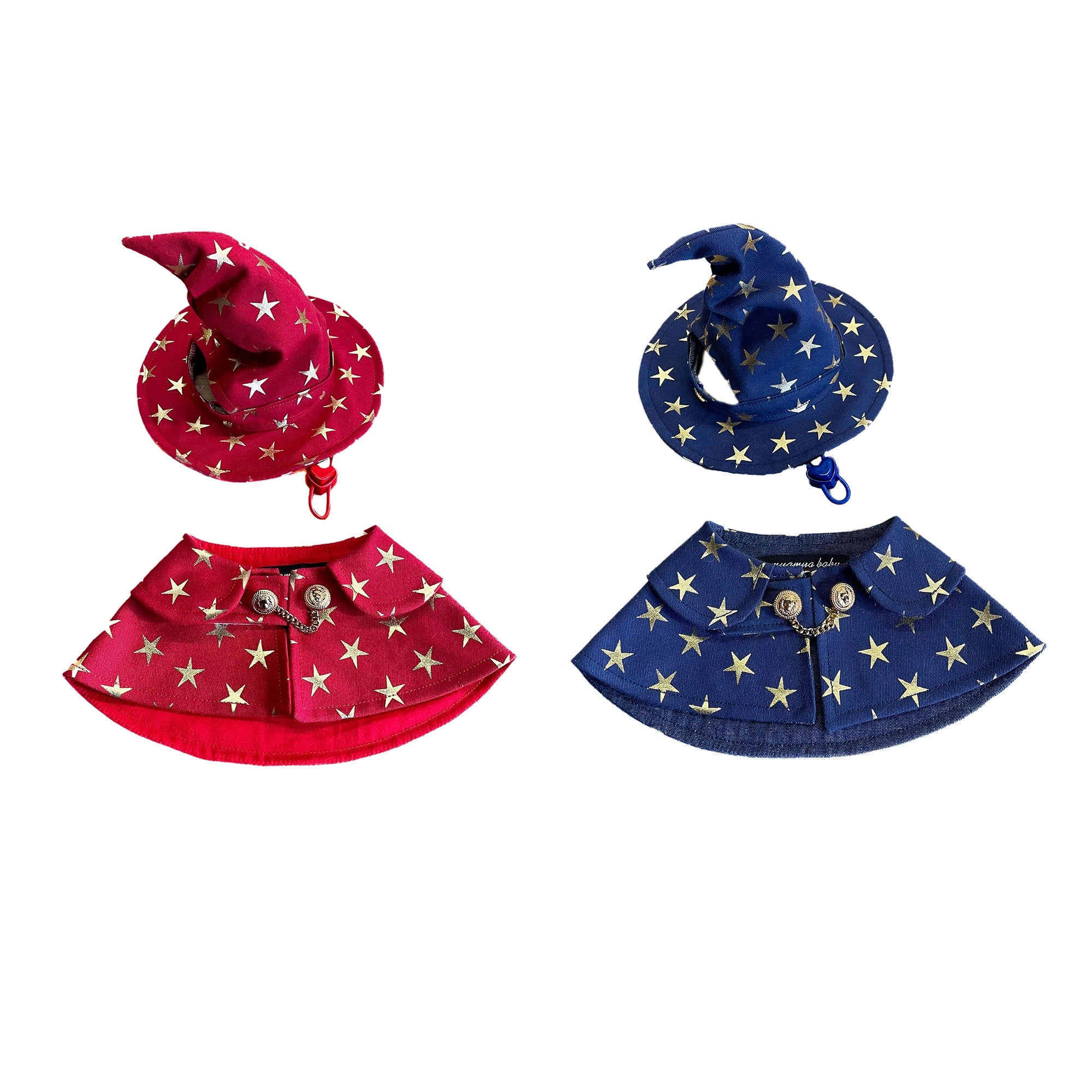 Red and blue gothic mage hats with ear cutout design, Halloween cat costume