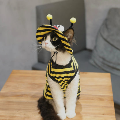 Bee Outfit: Cotton Striped Shirt + Hat DevonRex Sphynx Cat Clothes