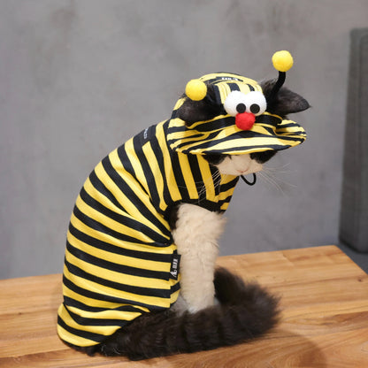 Bee Outfit: Cotton Striped Shirt + Hat DevonRex Sphynx Cat Clothes