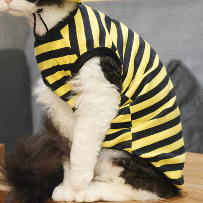 Bee Outfit: Cotton Striped Shirt + Hat DevonRex Sphynx Cat Clothes
