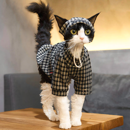 Black &amp; White Plaid Tee + Hat – Devon/Sphynx Cat Clothes