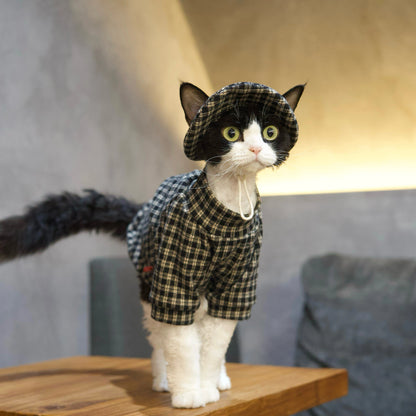 Black &amp; White Plaid Tee + Hat – Devon/Sphynx Cat Clothes