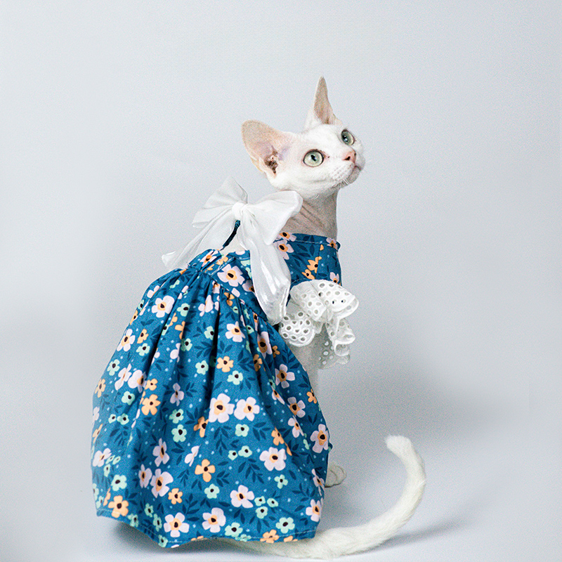 Blue Floral Dress With Bow For Cat
