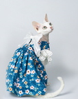 Blue Floral Dress for Cat With Bow Cute Outfit