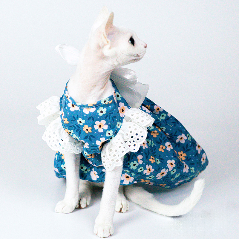 Blue Floral Dress With Bow For Cat