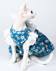Blue Floral Dress for Cat With Bow Cute Outfit