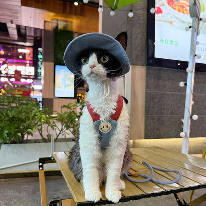 Cartoon Outdoor Cat Harness &amp; Leash + Hat Set