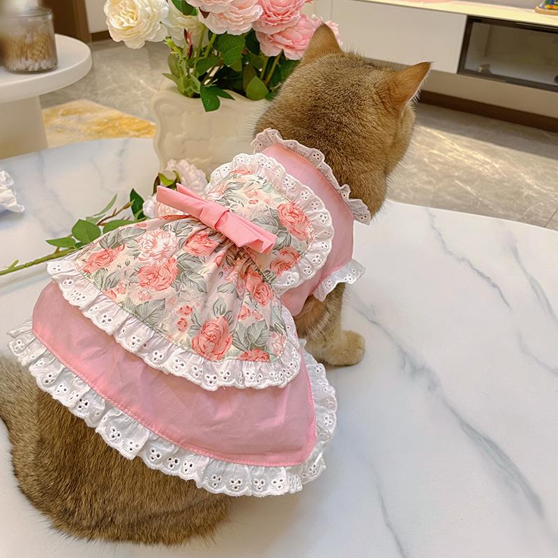 猫と犬用花柄レースメイドドレス