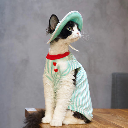 Mint Stripe Tee + Hat DevonRex Sphynx Cat Clothes