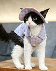 Devon Rex cat wearing pink plaid bucket hat and shirt set