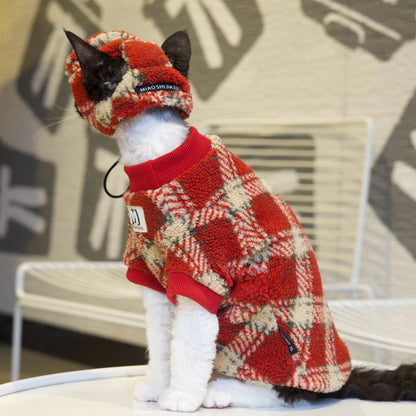 Red Plaid Set DevonRex Sphynx Cat Clothes