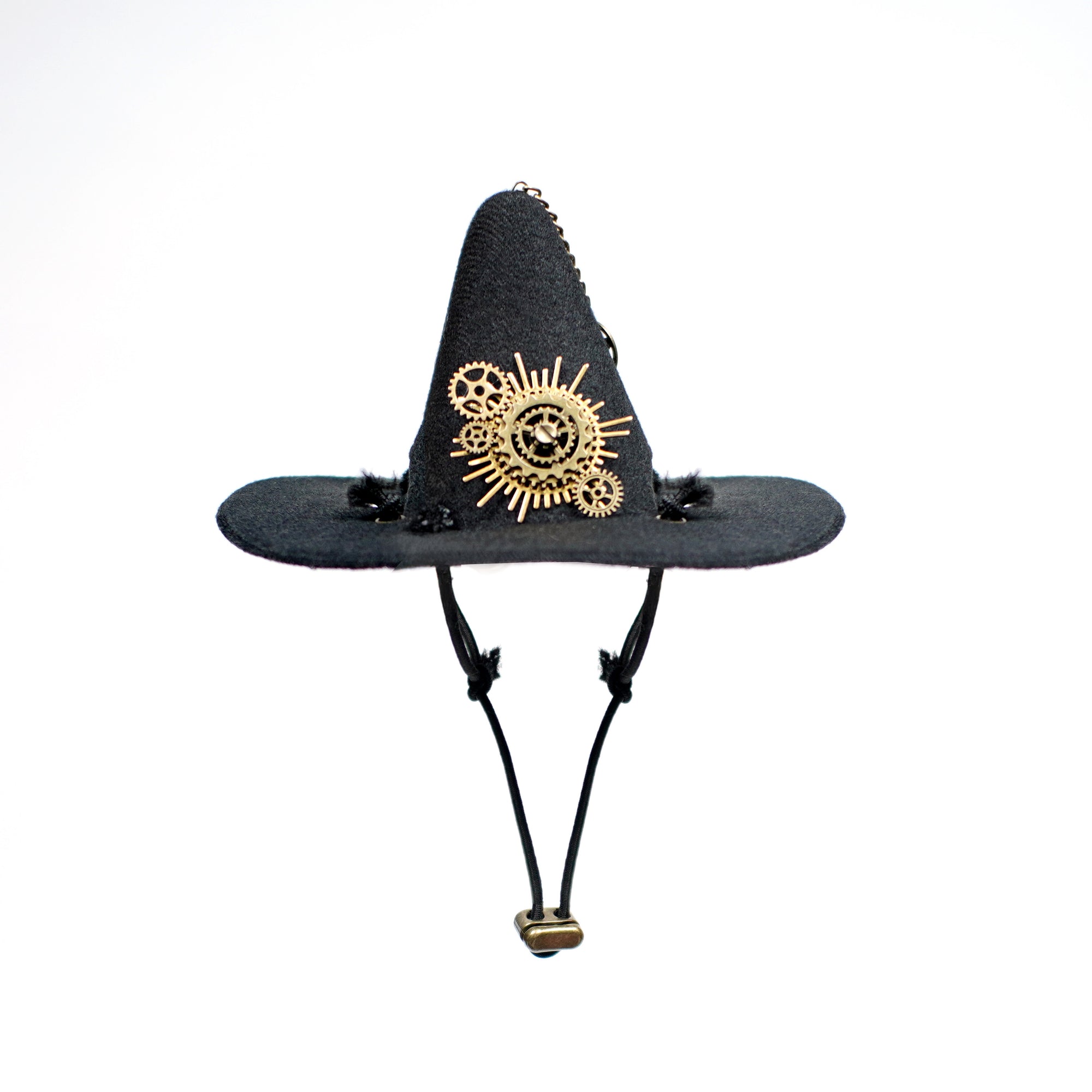 Steampunk witch hat with gold gear charms for Halloween 