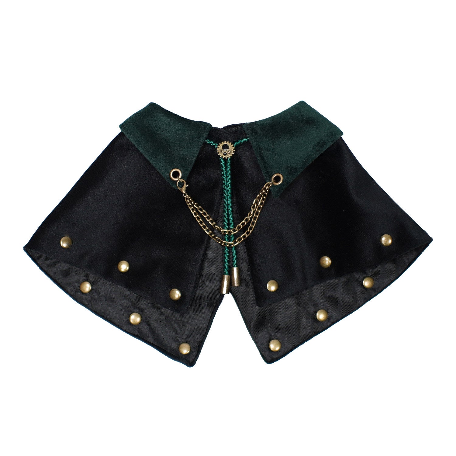 Steampunk mage cape in black and green velvet, flat lay