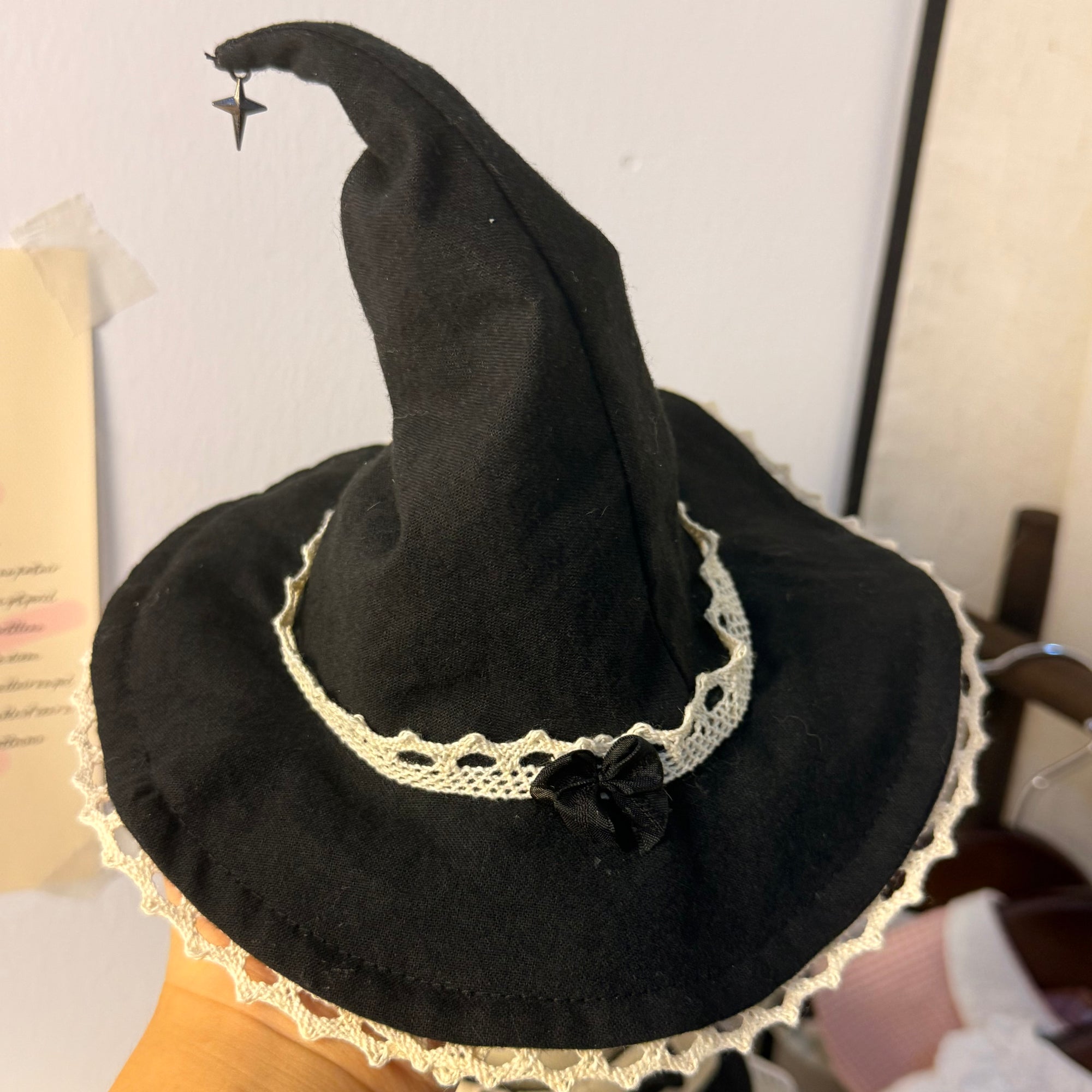 Black gothic witch hat costume for cats and dogs with lace trim and star charm