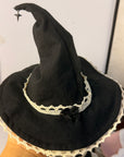 Black gothic witch hat costume for cats and dogs with lace trim and star charm