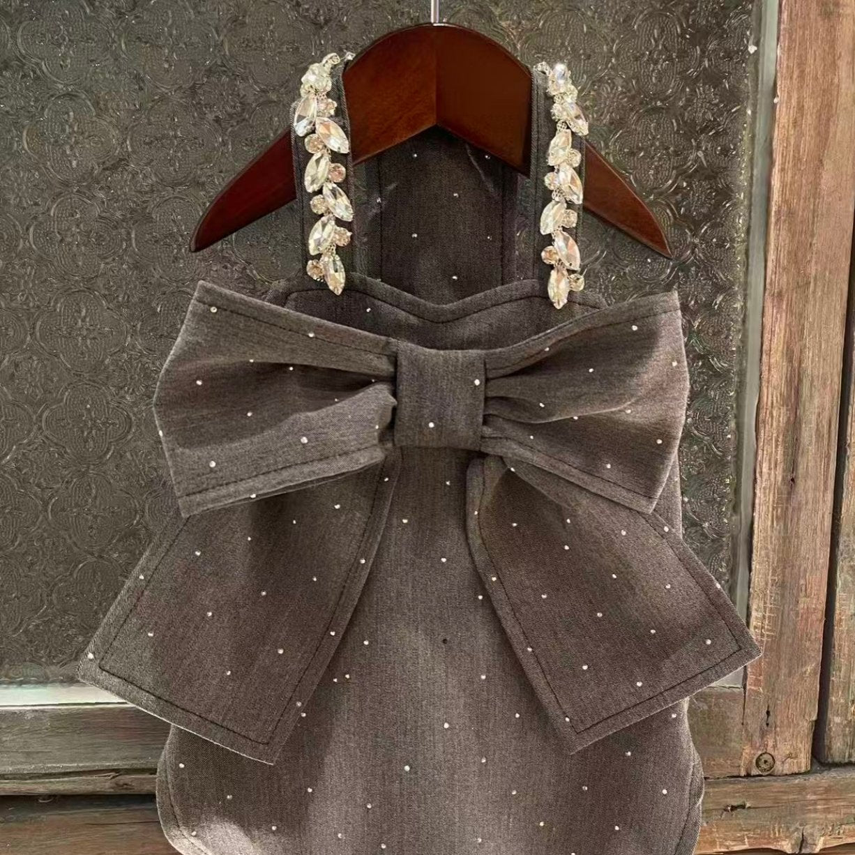 Grey British Bow Dress &amp; Crystal Hat Set for Devon Rex &amp; Sphynx Cats