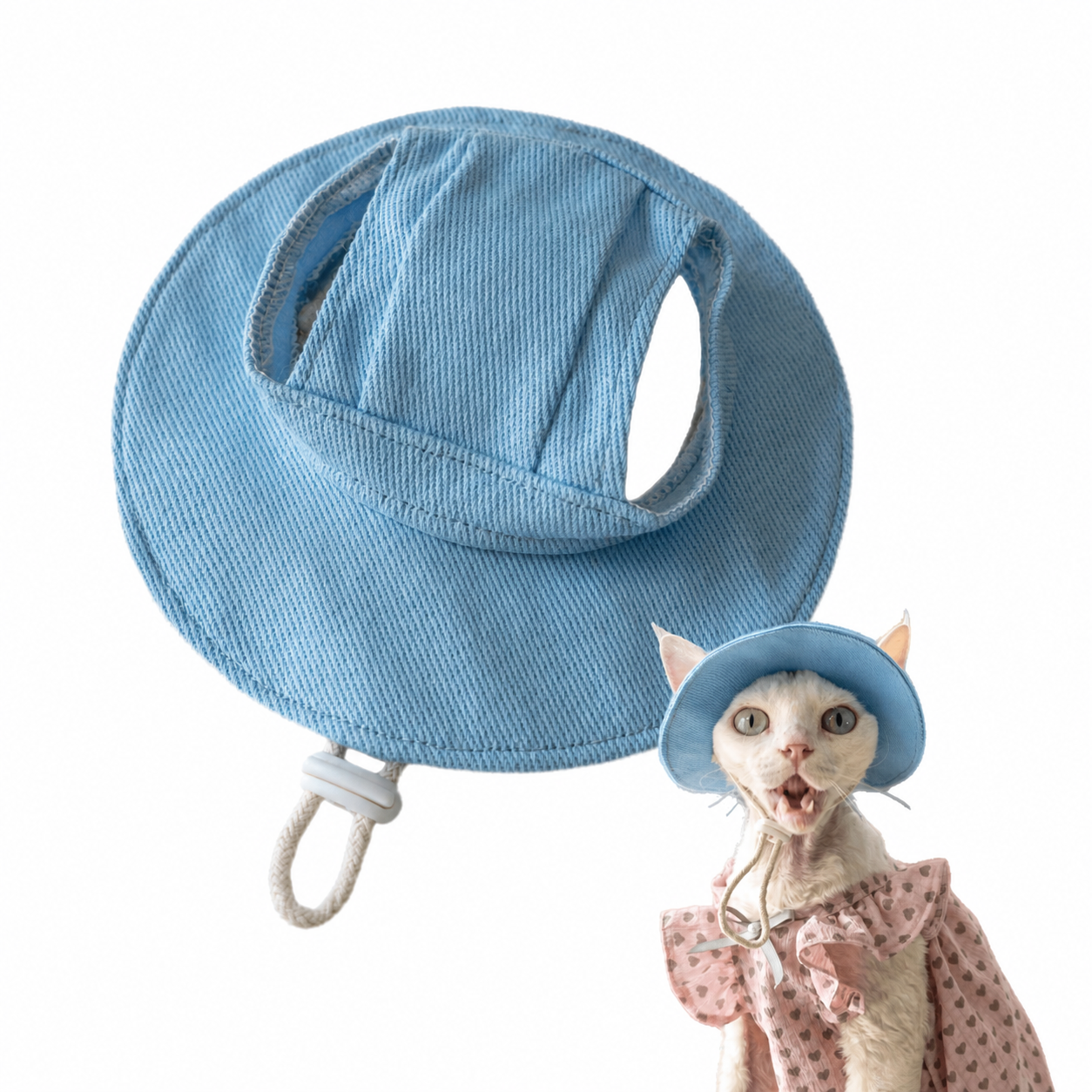 Sphynx Cat Bucket Hat – Cotton Denim Sun Hat with Ear Openings