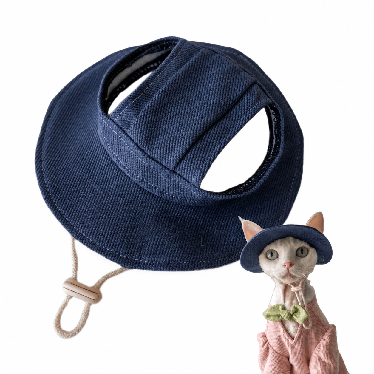 Sphynx Cat Bucket Hat – Cotton Denim Sun Hat with Ear Openings